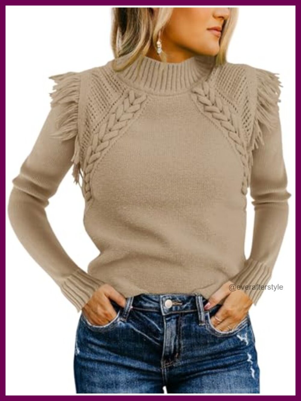 Cable Knit Mock Neck Fringe Pullover Sweater